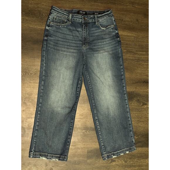 Judy Blue Wide Leg Cropped Jeans 13 31 Waist Med Wash Distressed 24 Inseam - Picture 1 of 16